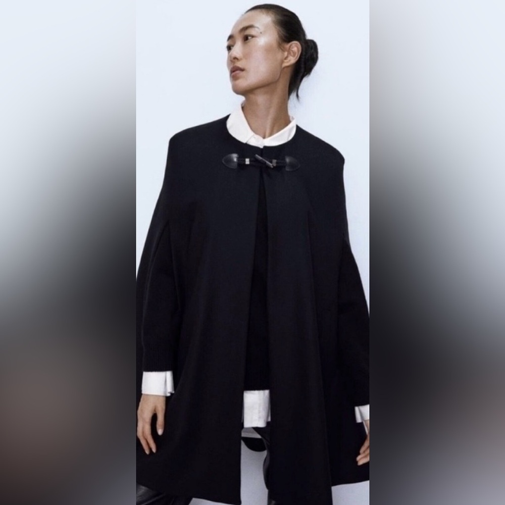 Zara Manteca Black Wool Cape Coat NWT size Large New Stunning